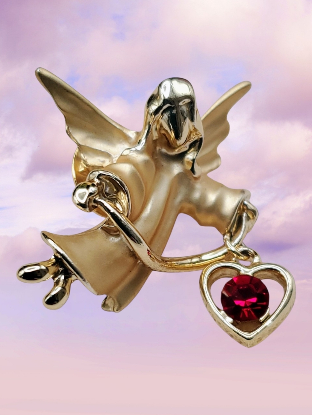 Vintage Gigi Giusti Gold Angel Pin/Brooch With Red Heart Charm